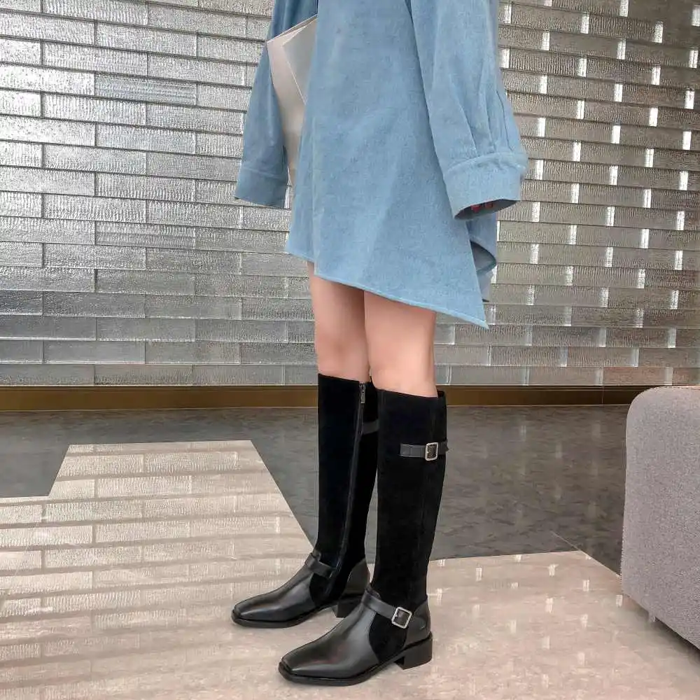 Lenkisen new vintage cow leather patchwork buckle straps square toe med heels winter keep warm women Zipper thigh high boots L35