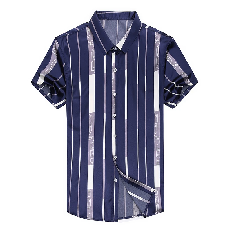 New Summer Male Silk Clothes Fashion Striped Silk Shirt Short Sleeve Mens Casual Satin Dress Shirts