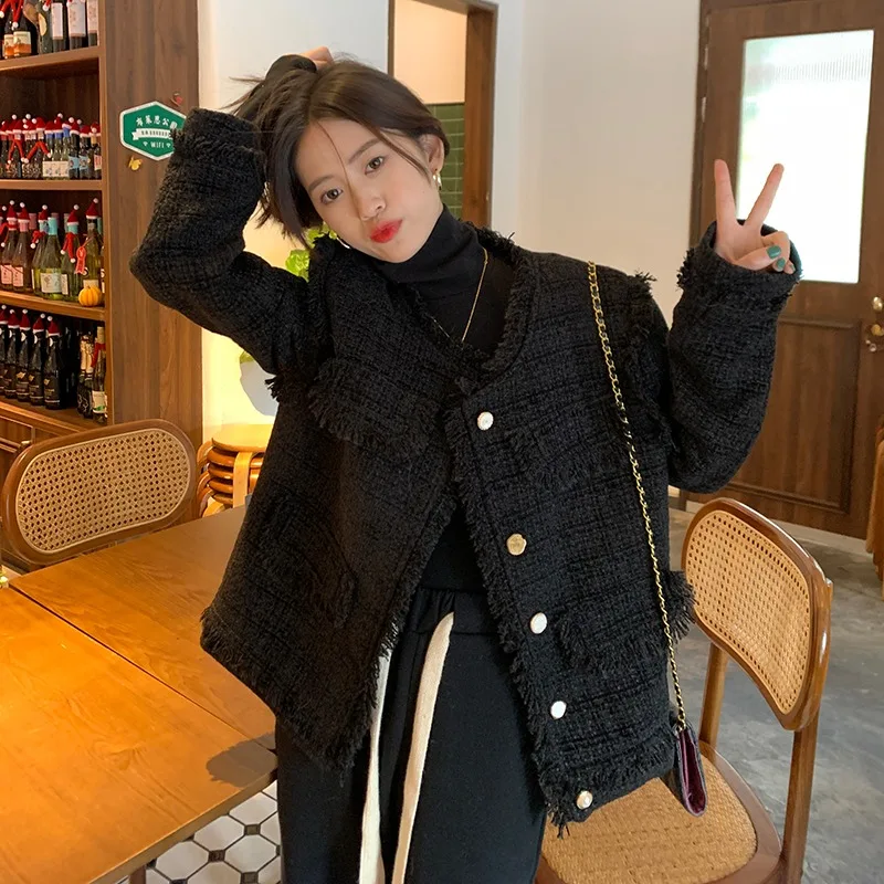

and winter new design feeling tassel with cotton thickened coat women's chic retro foreign style black top student