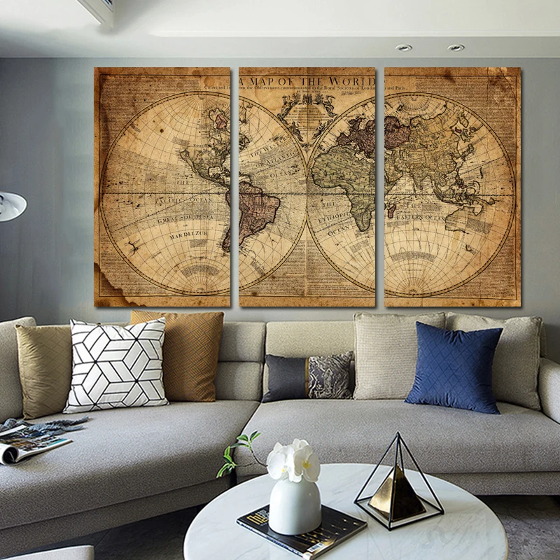 RELIABLI Арт холст Картины Ретро Карта мира 3 панели фотографии Wall ART Плакаты для