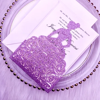 

Wedding Invitations- Purple Glitter Laser Cut Princess Bridal Invitations Cards Customized Printing Crown Quinceanera Invites