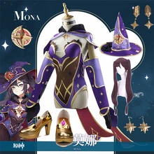 Genshin-Disfraz de Mona de impacto para mujer, sombrero, pendientes, zapatos, peluca de Anime, traje Sexy para fiesta de Halloween