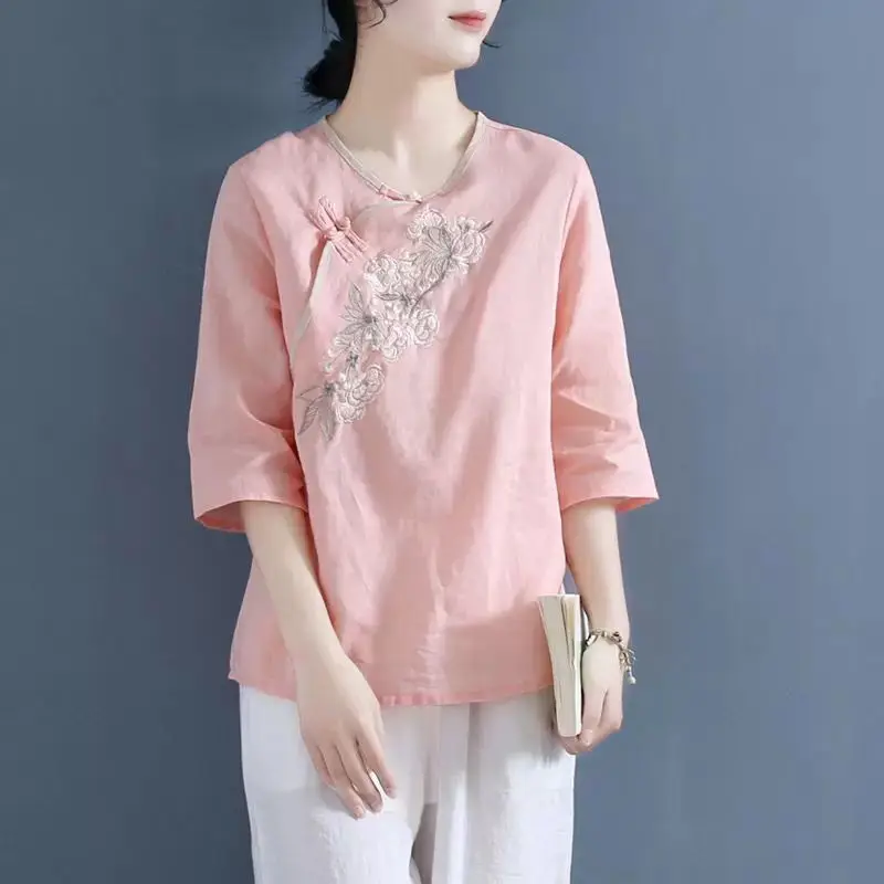 New Retro Chinese Women Blouse Traditional Vintage Oblique Shirt Zen Summer Oriental Woman Tops Mandarin Collar Cheongsam