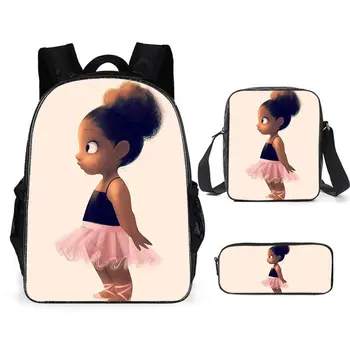 

3Pcs/Set Backpack Cute Black Art African Girl Printed School Bag Primary High Student Shoulder Rucksack Kid Bookbag C250