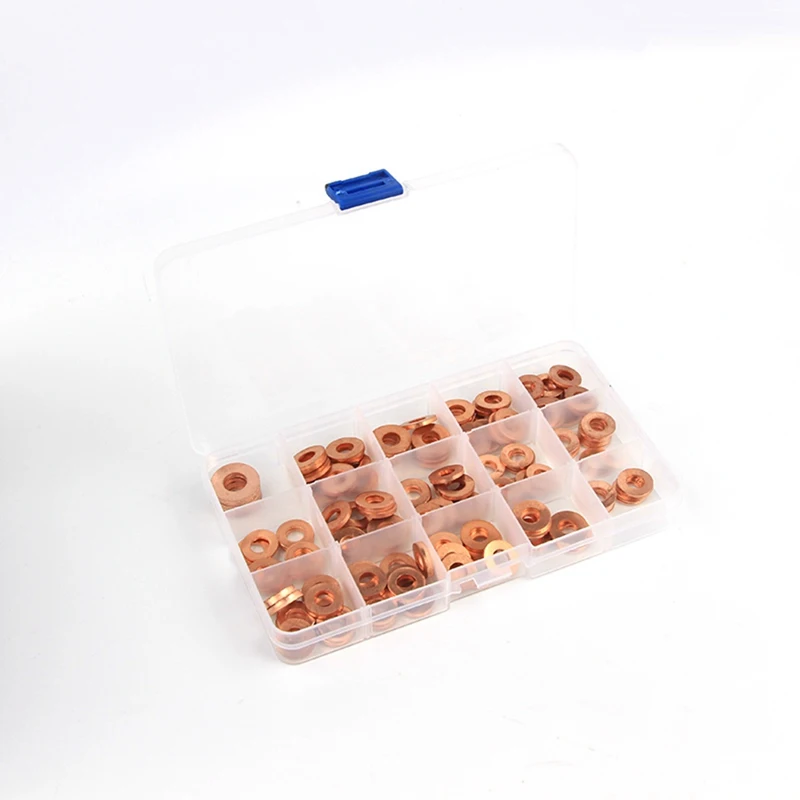 

150pcs 9 Sizes Copper Washers M5-M22 Copper Gaskets Set Flat Ring Seal Kit Set with Plastic Box For Machinery Equiment