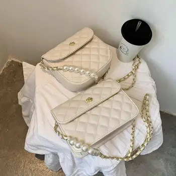 

Lattice Square Crossbody bag 2020 New High-quality PU Leather Women's Designer Handbag Pearl Chain Shoulder Messenger Bag Purses