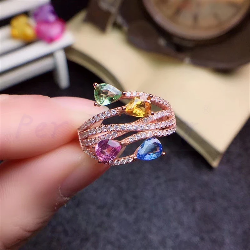 Натуральное Настоящее сапфировое кольцо класса люкс 0.35ct* 4 шт драгоценный камень Серебро 925 пробы ювелирные украшения# R991204