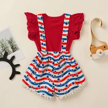 

Baby Newborn Clothes Baby Girl 4th-of-July Infant Romper Pom Pom Suspender Shorts Outfits Set conjunto conjunto recem nascido