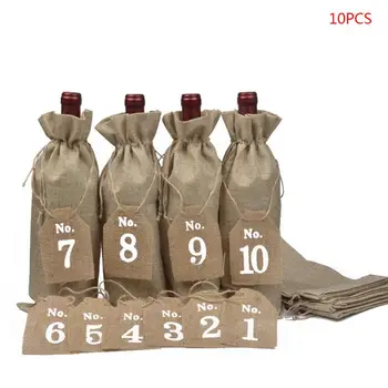 

10 Pcs/set Drawstring Bottle Bag Burlap with 1-10 Number Label Champagne Red Wine