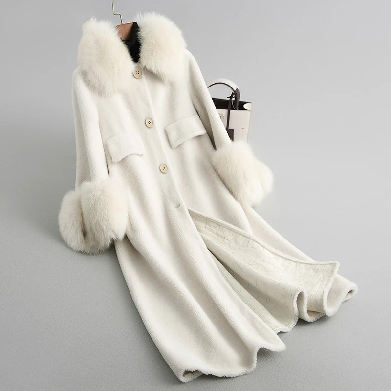 AYUNSUE, женские пальто для стрижки овец, Натуральная шерсть, шуба, Женская длинная теплая зимняя куртка, натуральный Лисий мех, воротник, верхняя одежда 18120 - Цвет: Apricot