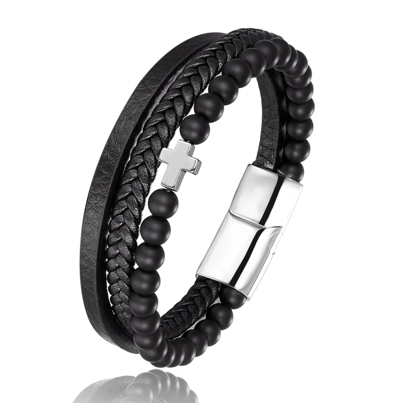 New Arrival Stainless Steel Genuine Leather Bracelet For Men's Charm 6MMNatural Stone Beaded Cross Bracelets Fashion Jewelry