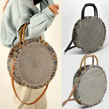 

2020 new Ins Summer Women Straw Beach Bag Round Bohemian Woven Handbag Straw Rattan Wicker Purse Circular Casual Rattan Bag