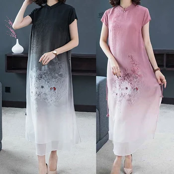 

New Plus Size Women Dress Silk Print Short Sleeves Long Cheongsam Chinese Style Party Dress LMH66