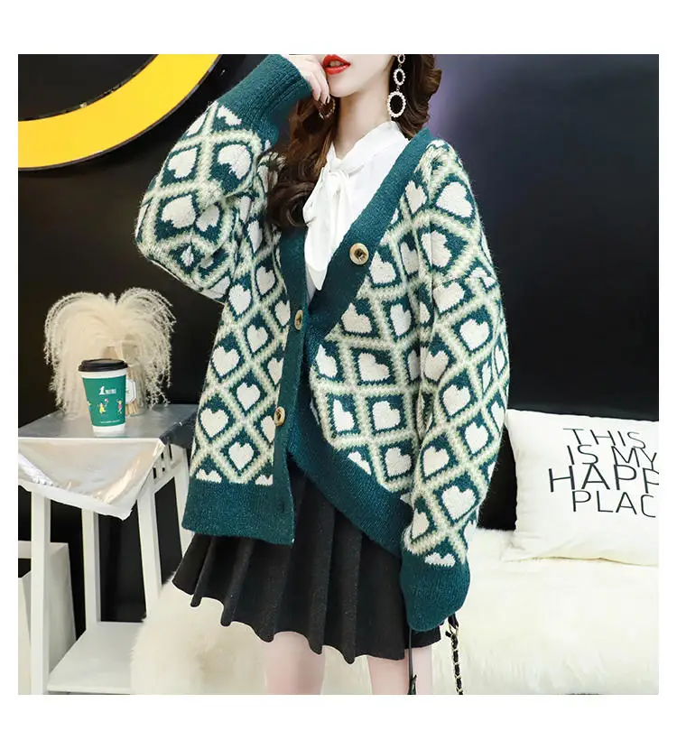 HF19608 Green H. SA, Женский вязаный свитер и кардиганы, v-образный вырез, свободный стиль, милое сердце, на пуговицах, Повседневный, Cardiagns, вязаная, теплая куртка, верхняя одежда, топы - Цвет: HF19608 Green
