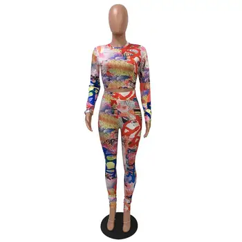 

Spring 2020 Two Pieces Sets For Women Short Top and Pant Skinny Suits Fashion Newspaper Printed Long Sleeve Women Two Sets