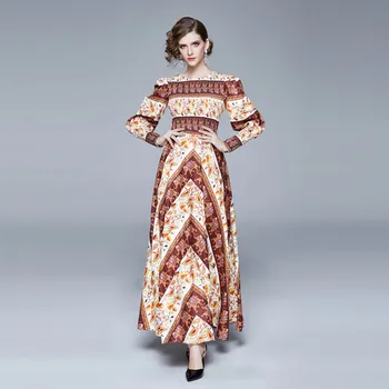 

2020 New Fashion Spring Women's lantern sleeve long Dress Runway Print Chiffon O-neck Slim Dress Elegant beach Holiday Dress