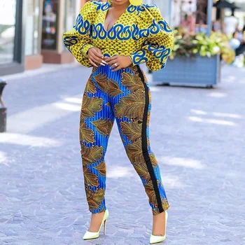 

Vintage Long Puff Sleeve Pattern Printed Women Jumpsuit Romper African Ladies Retro Bodycon V Neck Retro Long Jumpsuits Female