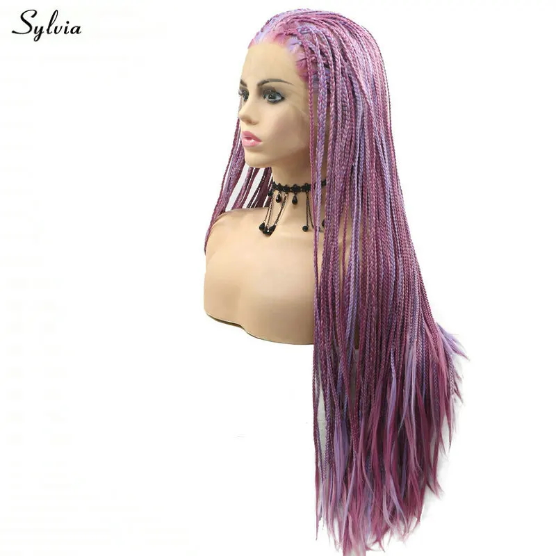 Sylvia Drag Queen Afro America Box Braided Wigs Highlight Color Pastel Blue Green/Lavender Purple Synthetic Lace Front Wigs Hair