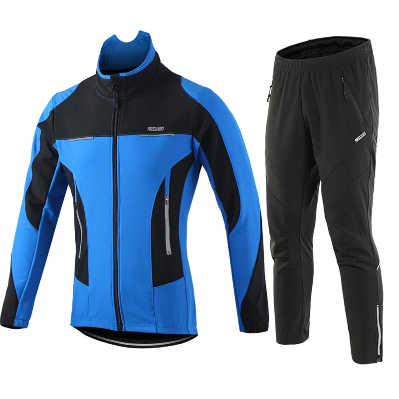 ARSUXEO Мужская зимняя велосипедная куртка комплект ветрозащитные водонепроницаемые велосипедные брюки термальная спортивная одежда велосипедные костюмы одежда 15FF - Цвет: blue 15F 18Z