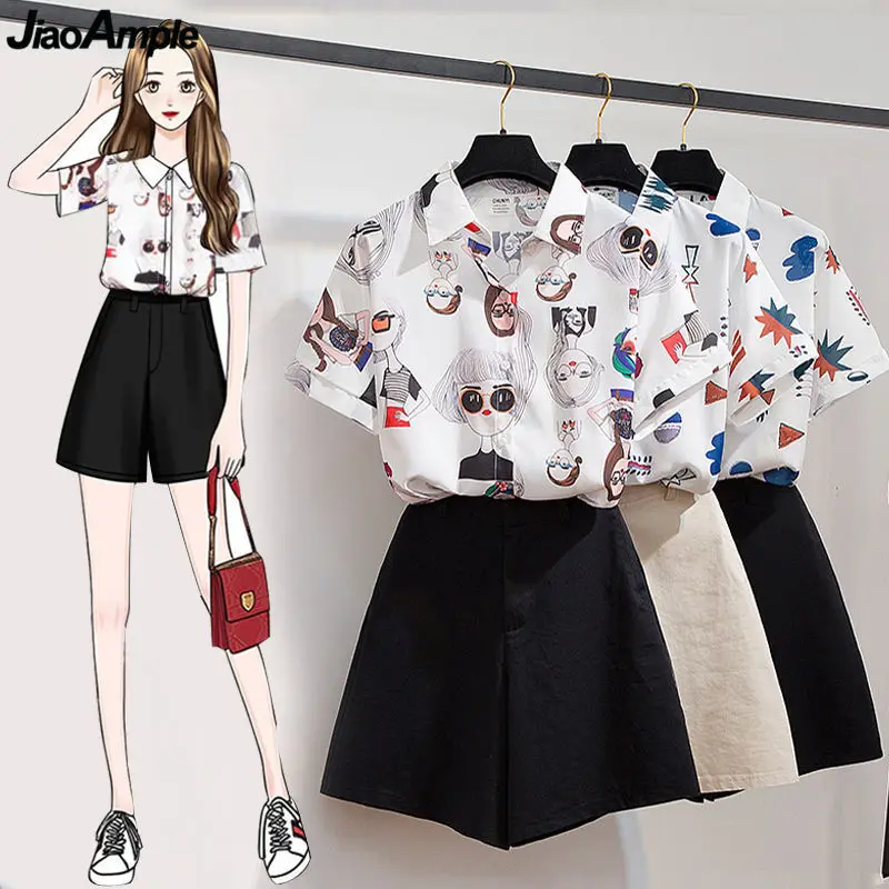Big Size 40-200kg Fashion Cartoon Print Shirt Shorts Set for Women Summer Leisure Cozy Two-piece Clothing Sets Girl Short Sleeve