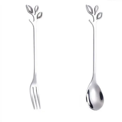silver 2 шт./компл. Nordic Стиль лист Нержавеющая сталь мини Кофе ложка, вилка для фруктов Вилка для торта, десертная набор для перемешивания чайная ложка творческие подарки - Цвет: silver