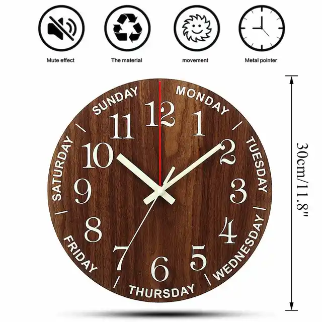 Hot Luminous Wall Clock 12 Inch Wooden Silent Non-Ticking Kitchen Wall Clocks With Night Lights For Indoor/Outdoor Living Room 4