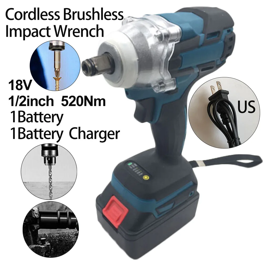 

1X Electric Wrench+1X Battery+1X Charger Cordless Brushless 18V 1/2inch 520Nm Electric Impact Wrench Driver