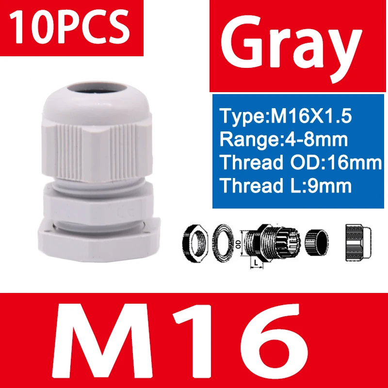 Standard Cable Gland M32 Grey Nylon with Rubber Seal 10pcs