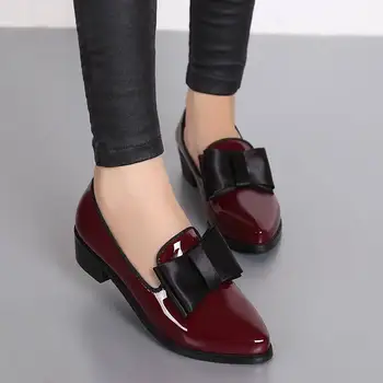 

Women Pumps Fashion Bowknot Shiny Patent Leather Block Chunky Low Heels Single Shoes Woman Pointed Toe Pumps Zapato Mujer