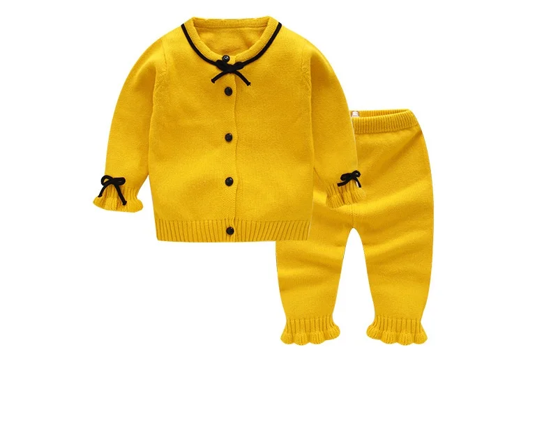 Baby Girls Spring Autumn Knitted Clothing Set Toddler Infant Bowtie Coat+Pants 2Pcs Set Warm Cotton Pullover Set AA12178