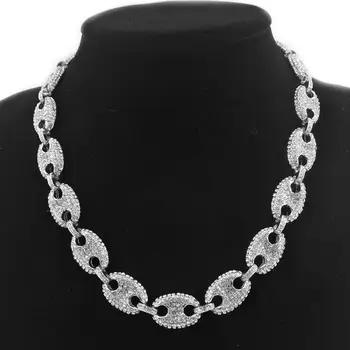 

Golden Silver color iced out bling women's cuban link chain pig nose rapper rock men hip hop cz miami necklace jewelry