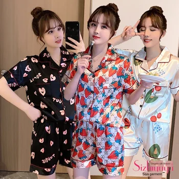 

Summer Cardigan Lapel Girls' Short-Sleeved Shorts Silk-like Homewear Set Cute Sweet Pajamas homewear nightgown sleepwear