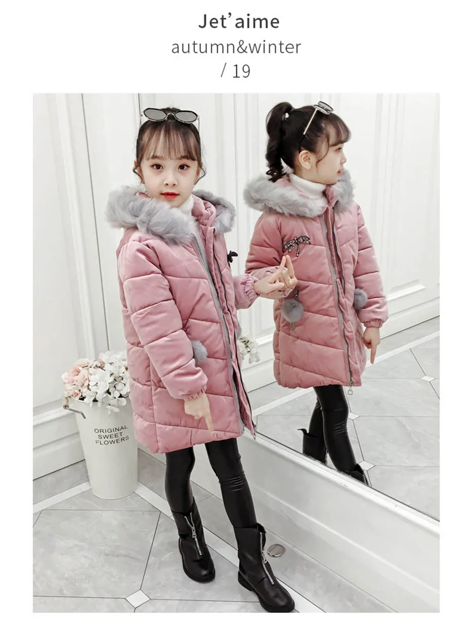 Пуховое пальто для девочек парки с капюшоном и меховым воротником для девочек детские пальто из плотного бархата с меховыми помпонами, теплая детская зимняя одежда для девочек
