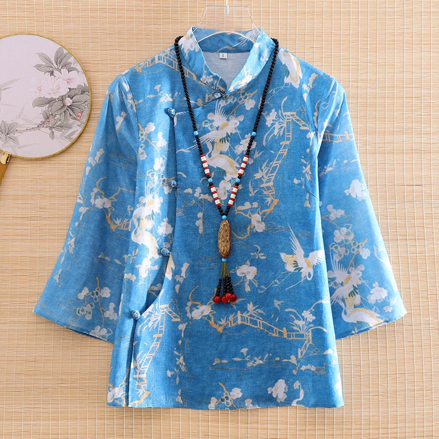 High-end New Autumn Women Flax Jacket Top Chinese Style Retro Print Crane Elegant Lady Coat Female S-2XL | Тематическая одежда и