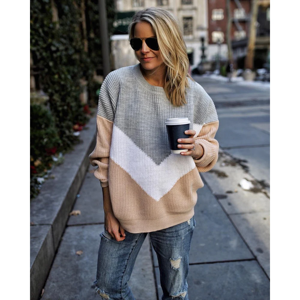 

OEAK 2019 Autumn Winter Korean style Contrast Color Sweater Women Long Sleeve Jumper Sweater And Pullover Knitted Sweater