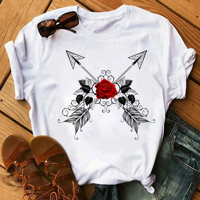 New Fashion Women Black T Shirt Red Rose Musical Note Printed T Shirt Harajuku Cute Graphic Tee Shirt Female Ladies Casual Tops t shirt