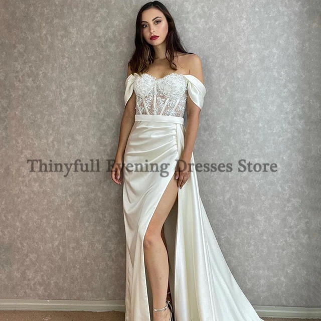 Thinyfull Sexy Prom Evening Dresses Off Shoulder Appliques Party Dress High Split Floor Length Cocktail Gowns Saudi Arabia Dubai Ivory