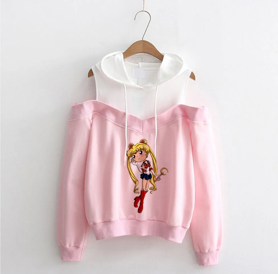 Сейлор Мун с открытыми плечами толстовка Kawaii одежда Топы женские толстовки Harajuku Сейлор толстовка с Луной одежда