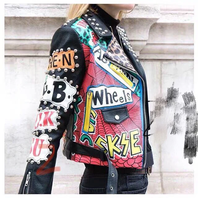 

Autumn spring Locomotive graffiti cartoon pu Leather Jacket female Punk Style was thin Motorcyle Jackets Coat with belt F1962