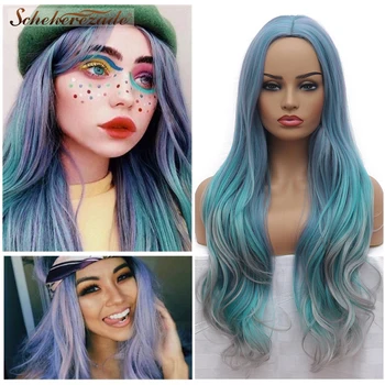 

Scheherezade Yellow Grey Blue Synthetic Wigs For Women Mix Color Long Wavy Cosplay Wigs High Temperature Fiber