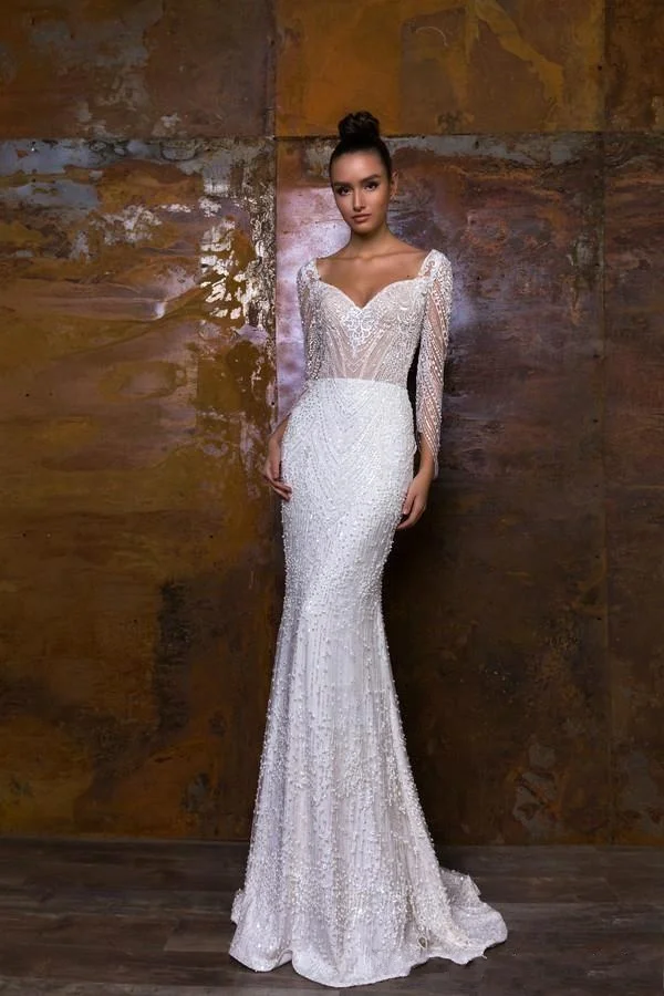 Vestidos De Novia, Милое Свадебное платье русалки, сексуальное, с бисером, с длинным рукавом, свадебные платья, съемная юбка