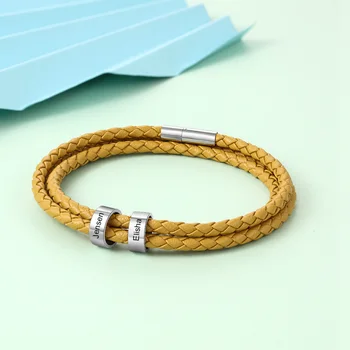 

Personalized Braided Leather Bracelet with 2-5 Stainless Steel Beads Custom Engraved Name ID Bracelets Wristband for Women Men