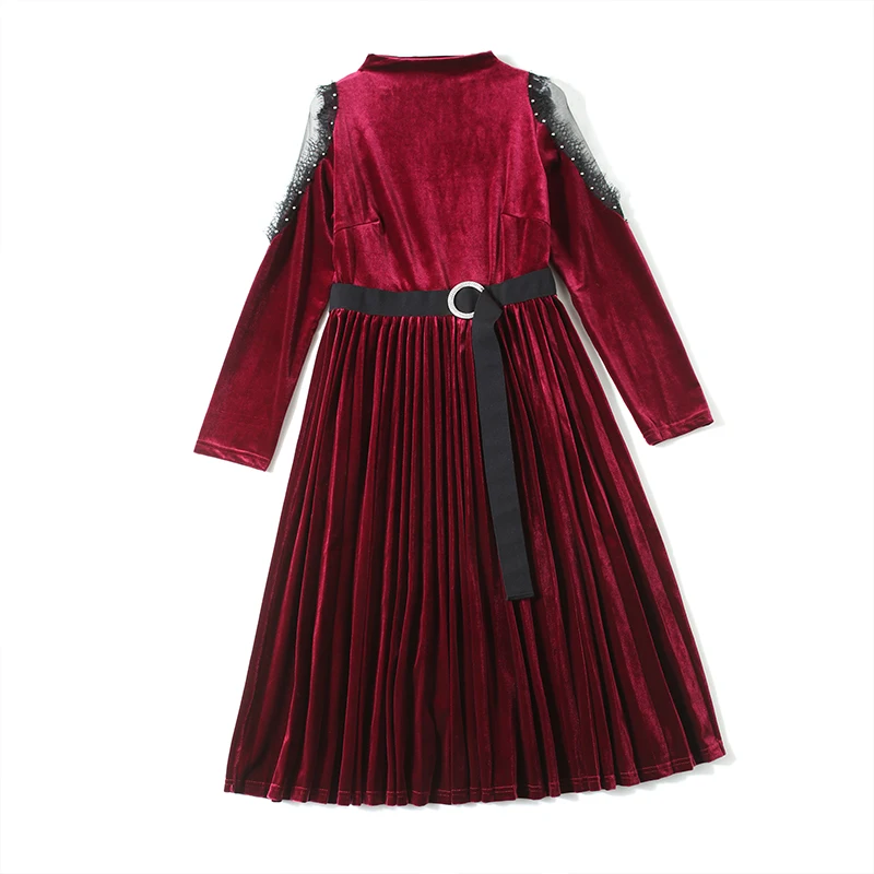 

Winter Mesh Stitching Long Sleeve Velvet Red Dress Women Long Sleeve Midi Party Christmas Dress Robe Femme Sukienka K8633