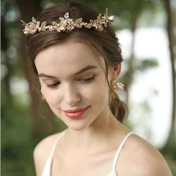 

Vintage Bridal Tiara Floral Headband Gold Leaf Wedding Princess Crown Luxury Hair Jewelry For Brides 2020