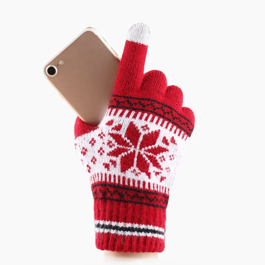 Рождественский узор Сенсорный экран трикотажные перчатки теплые зимние Для женщин вязаные перчатки, изящная одежда на Рождество с проектом оленей, полный палец из натуральной кожи перчатки варежки 12