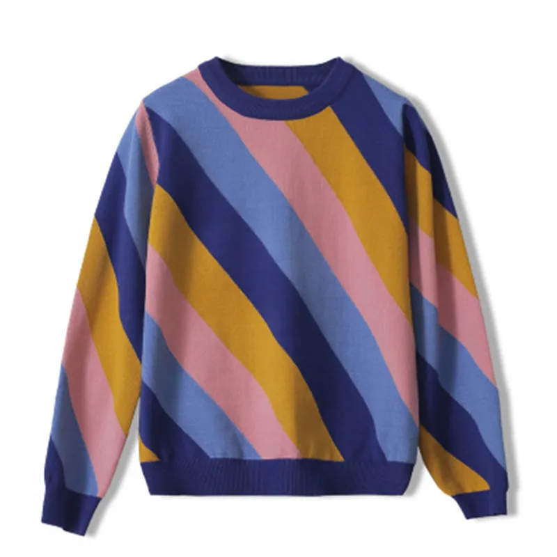 

SAYTHEN 2020 Wool Long-Sleeved Women's For Autumn And Winter New Rainbow Diagonal Multicolor Striped Round Neck Pullover Sweate