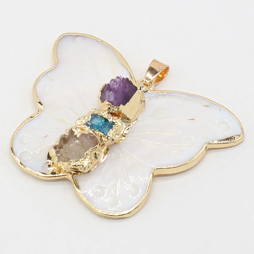 FYJS Unique Light Yellow Gold Color Butterfly White Shell Pendant with Irregular Shape Stone Jewelry | Украшения и аксессуары