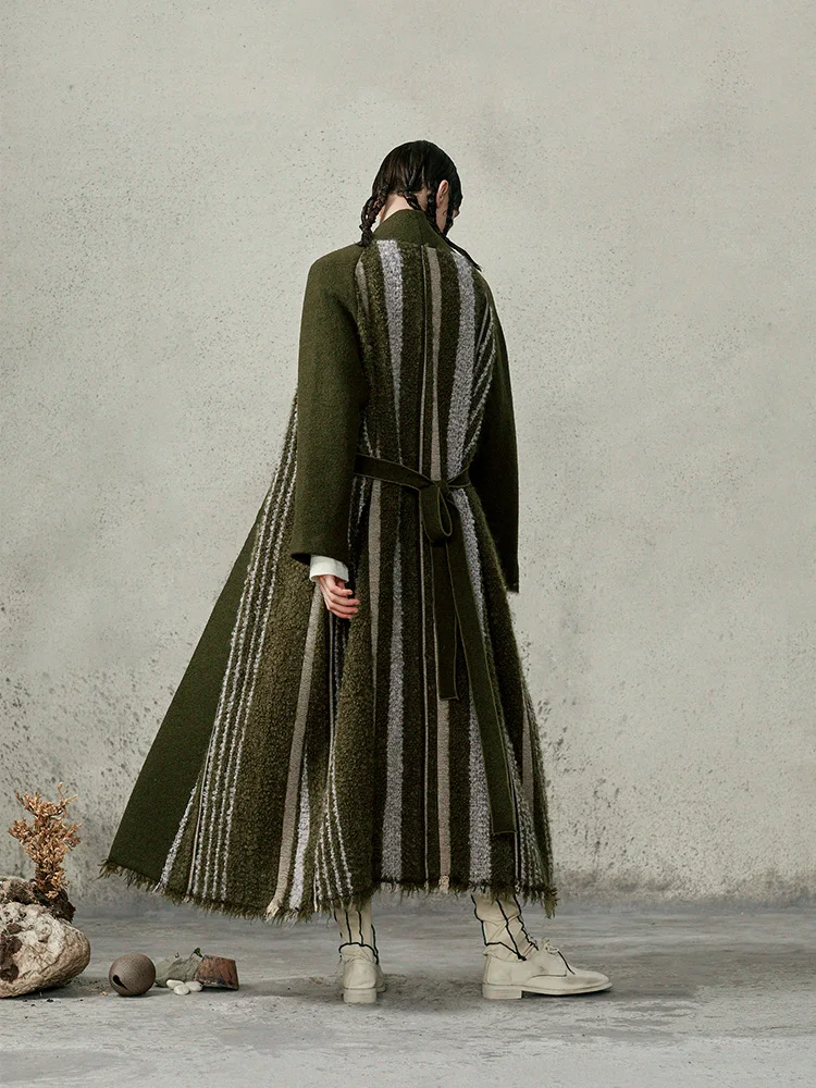 [11,11] IRINACH84 зимняя новая коллекция длинное армейское зеленое Полосатое мохеровое шерстяное пальто для женщин