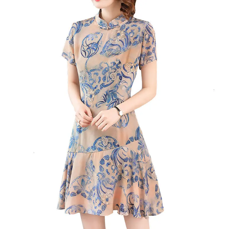

Side Cheongsam Summer 2019 New Female Side Stand Hard Vintage Slim Blue and White Porcelain Side Bodycon Dress Vestidos HJ301