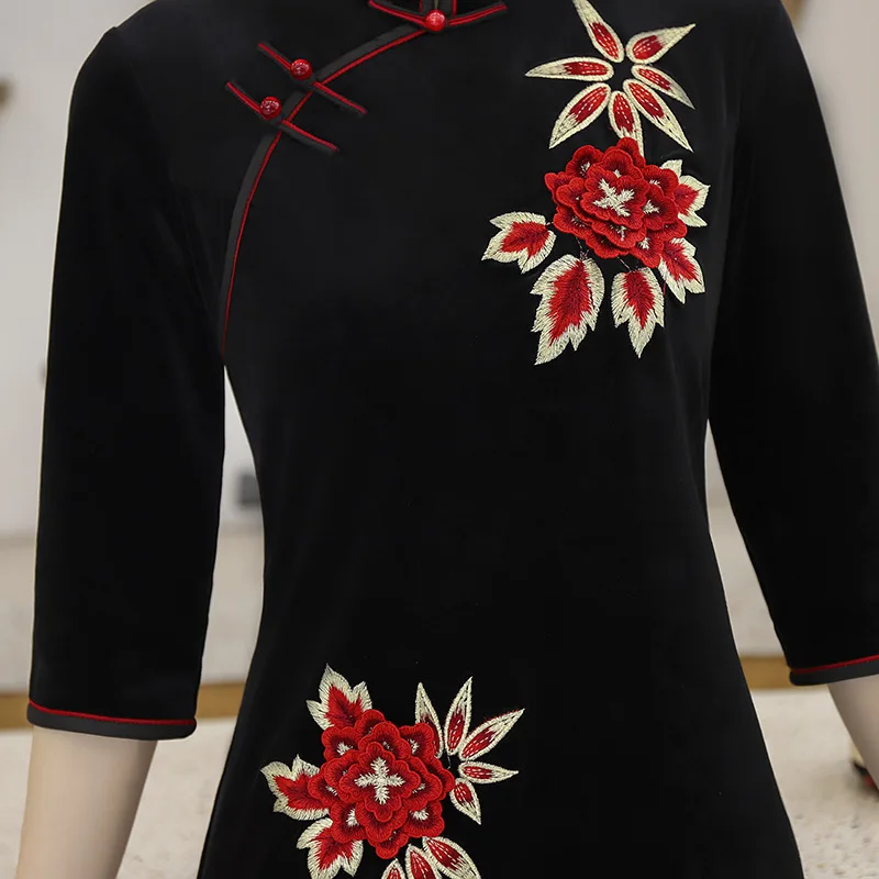 Sheng Coco женское черное вышитое Cheongsam с длинным рукавом Cheongsam 4XL большой размер традиционное китайское платье винтажное Qipao